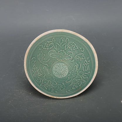 Chinese Antique Porcelain Bowl,Chinese Song Dynasty Ding Ware Emerald Green Glaze Porcelain Bowl, Ding Kiln Hand Carving Fishes and Algaes Pattern Ceramic Bowl