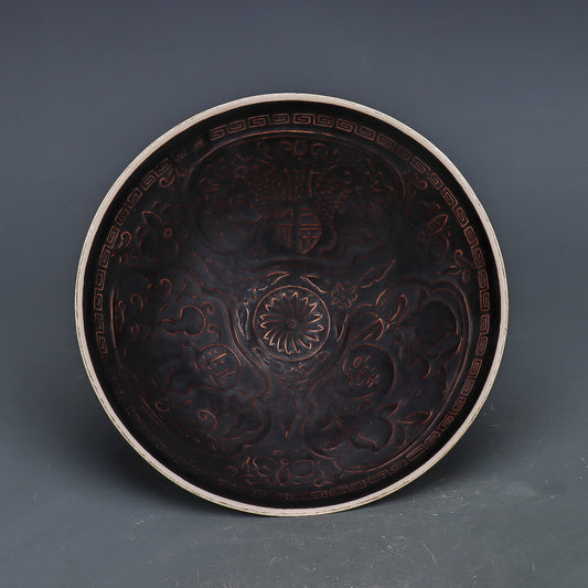 Chinese Antique Porcelain Bowl,Chinese Song Dynasty Ding Ware Emerald Black Glaze Porcelain Bowl, Ding Kiln Hand Carving Fu Shou Pattern Ceramic Bowl