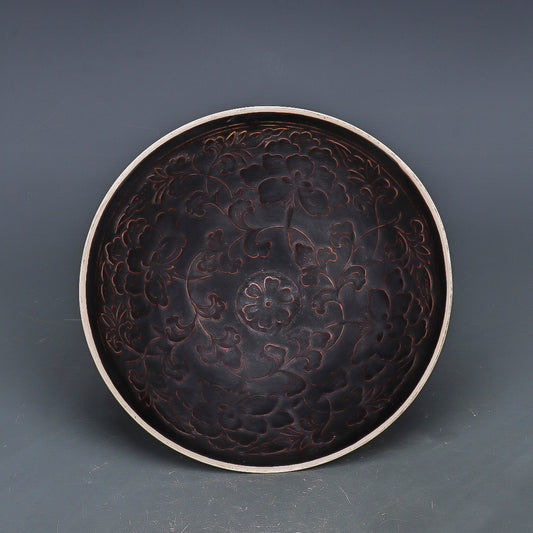 Chinese Antique Porcelain Bowl,Chinese Song Dynasty Ding Ware Emerald Black Glaze Porcelain Bowl, Ding Kiln Hand Carving Lotus Flower Pattern Ceramic Bowl