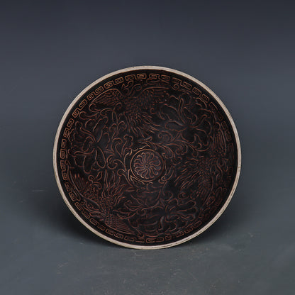 Chinese Antique Porcelain Bowl,Chinese Song Dynasty Ding Ware Emerald Black Glaze Porcelain Bowl, Ding Kiln Hand Carving Poeny Flower Pattern Ceramic Bowl