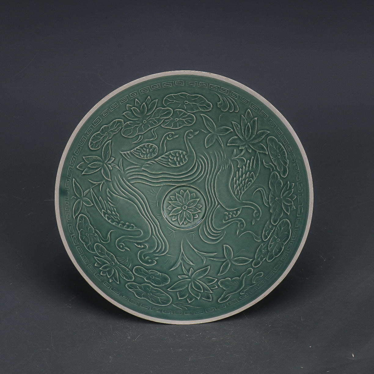 Chinese Antique Porcelain Bowl,Chinese Song Dynasty Ding Ware Emerald Green Glaze Porcelain Bowl, Ding Kiln Hand Carving Mandarin Duck Pattern Ceramic Bowl