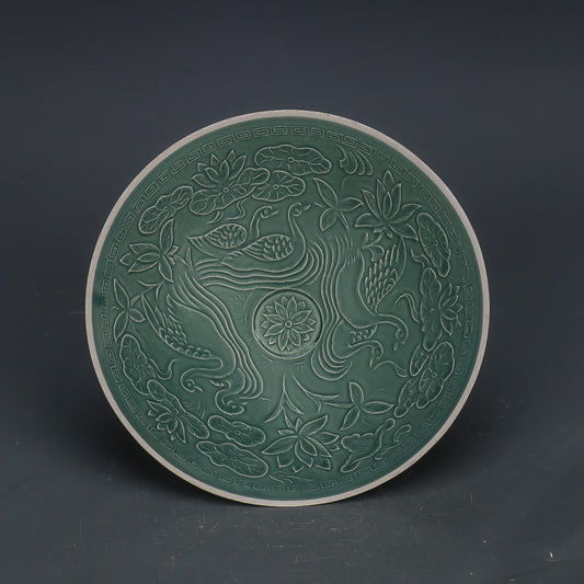 Chinese Antique Porcelain Bowl,Chinese Song Dynasty Ding Ware Emerald Green Glaze Porcelain Bowl, Ding Kiln Hand Carving Mandarin Duck Pattern Ceramic Bowl