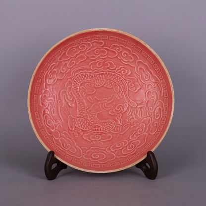 Chinese Antique Porcelain Bowl,Chinese Song Dynasty Ding Ware Emerald Red Glaze Porcelain Bowl, Ding Kiln Hand Carving Dragon Pattern Ceramic Bowl