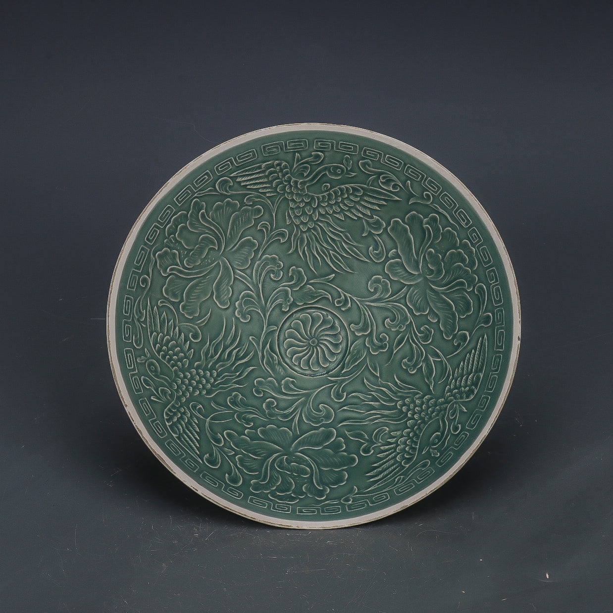 Chinese Antique Porcelain Bowl,Chinese Song Dynasty Ding Ware Emerald Green Glaze Porcelain Bowl, Ding Kiln Hand Carving Phoenix Pattern Ceramic Bowl