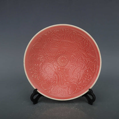 Chinese Antique Porcelain Bowl,Chinese Song Dynasty Ding Ware Emerald Red Glaze Porcelain Bowl, Ding Kiln Hand Carving Mandarin Duck Pattern Ceramic Bowl