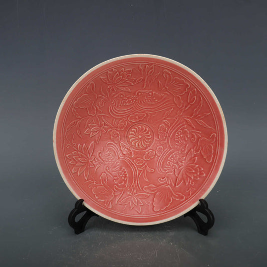 Chinese Antique Porcelain Bowl,Chinese Song Dynasty Ding Ware Emerald Red Glaze Porcelain Bowl, Ding Kiln Hand Carving Mandarin Duck Pattern Ceramic Bowl