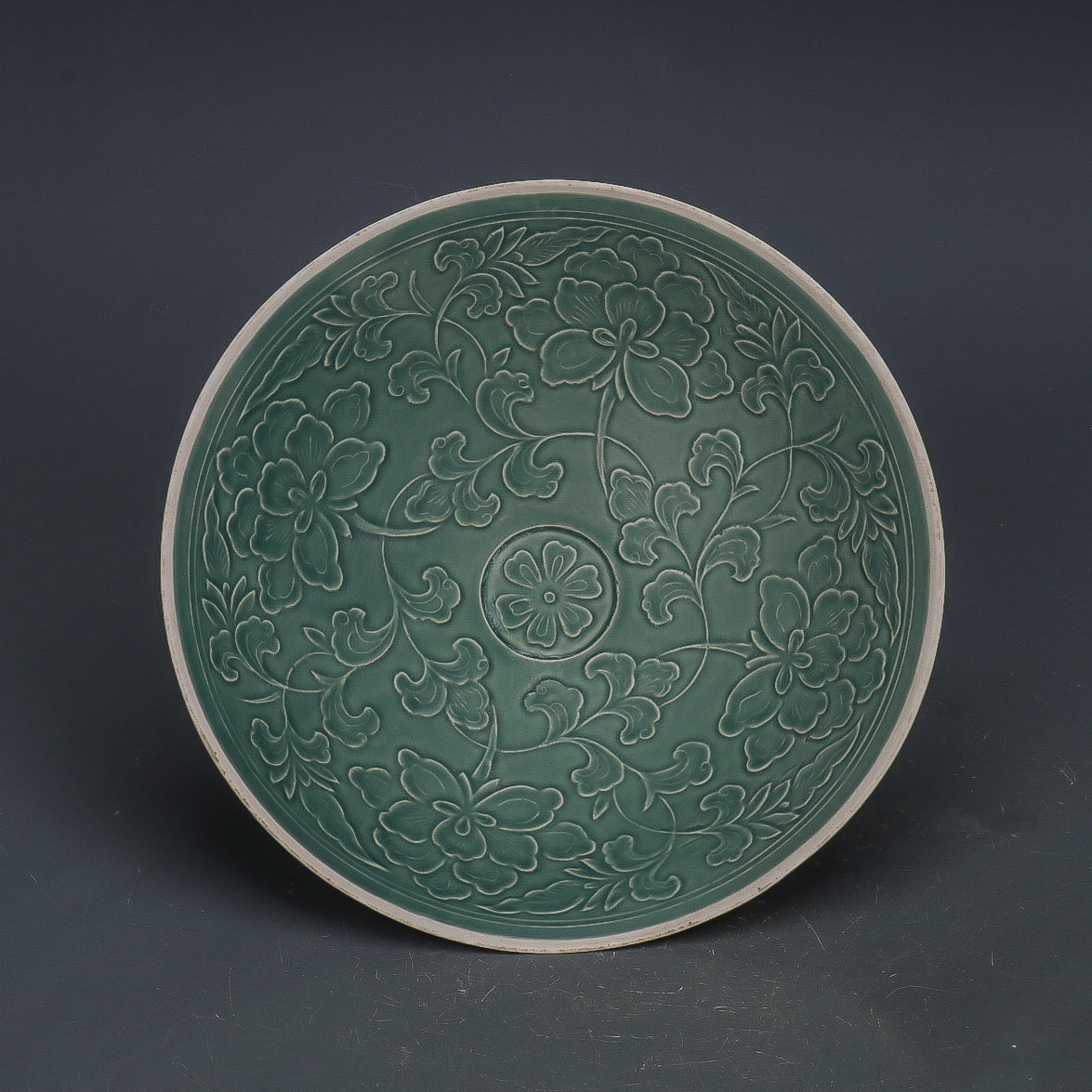 Chinese Antique Porcelain Bowl,Chinese Song Dynasty Ding Ware Emerald Green Glaze Porcelain Bowl, Ding Kiln Hand Carving Lotus Flower Pattern Ceramic Bowl