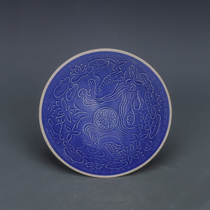 Chinese Antique Porcelain Bowl,Chinese Song Dynasty Ding Ware Emerald Blue Glaze Porcelain Bowl, Ding Kiln Hand Carving Dragon and Phoenix Pattern Ceramic Bowl