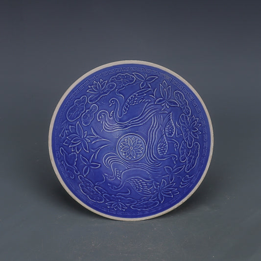 Chinese Antique Porcelain Bowl,Chinese Song Dynasty Ding Ware Emerald Blue Glaze Porcelain Bowl, Ding Kiln Hand Carving Dragon and Phoenix Pattern Ceramic Bowl