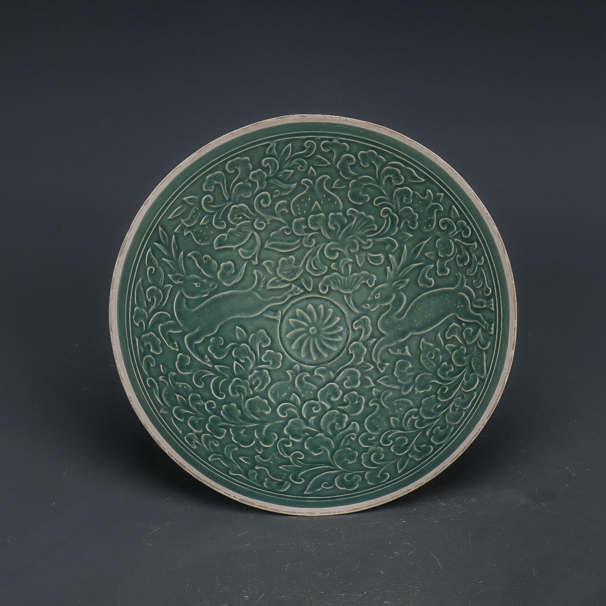 Chinese Antique Porcelain Bowl,Chinese Song Dynasty Ding Ware Emerald Green Glaze Porcelain Bowl, Ding Kiln Hand Carving Deers and Flowers Pattern Ceramic Bowl