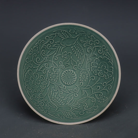 Chinese Antique Porcelain Bowl,Chinese Song Dynasty Ding Ware Emerald Green Glaze Porcelain Bowl, Ding Kiln Hand Carving Lotus Phoenix Pattern Ceramic Bowl