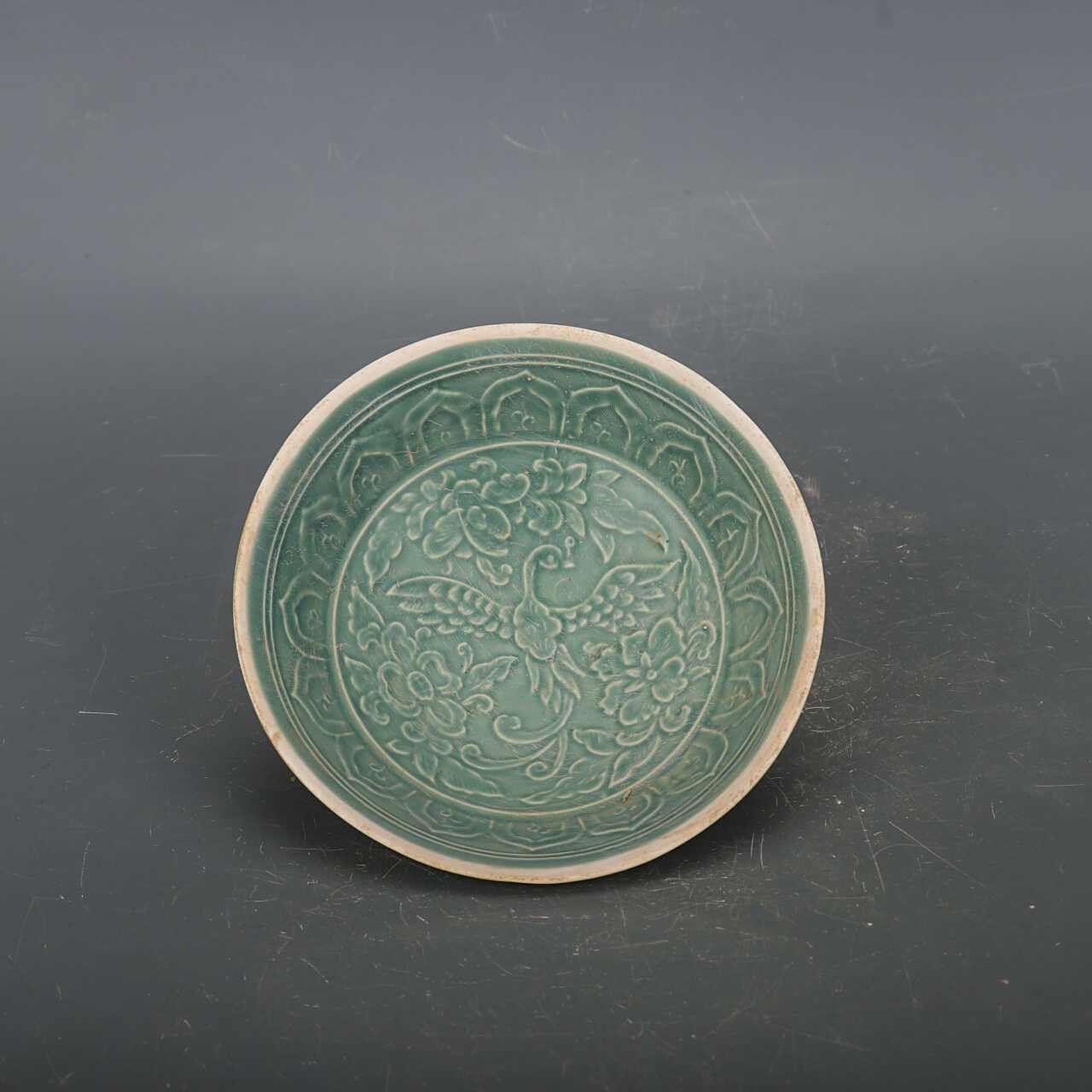 Chinese Antique Porcelain Bowl,Chinese Song Dynasty Ding Ware Emerald Green Glaze Porcelain Bowl, Ding Kiln Hand Carving Phoenix Pattern Ceramic Bowl