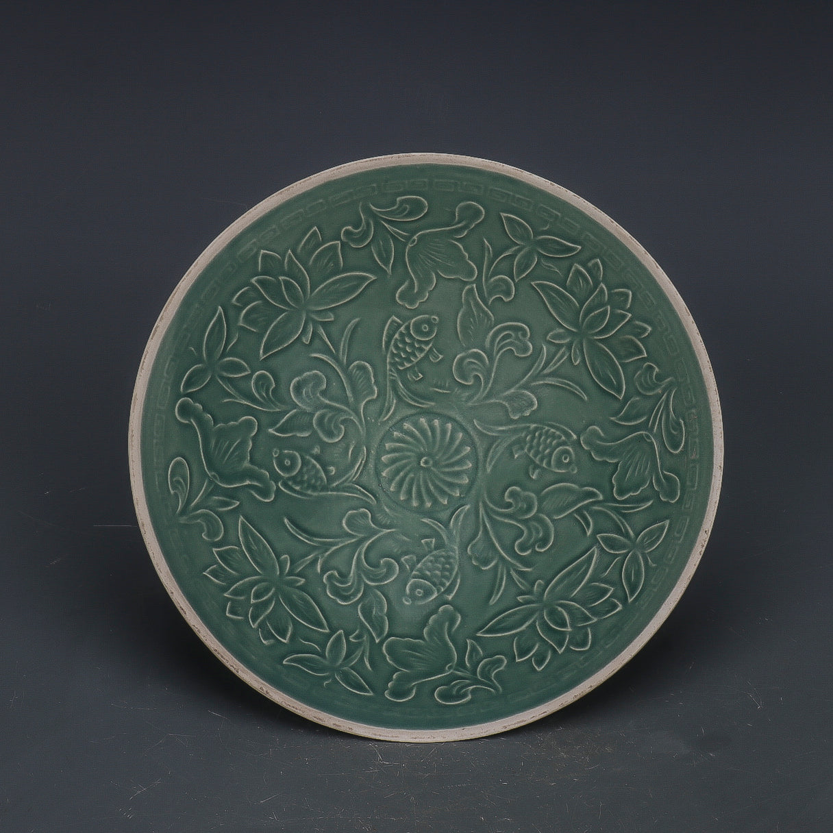 Chinese Antique Porcelain Bowl,Chinese Song Dynasty Ding Ware Emerald Green Glaze Porcelain Bowl, Ding Kiln Hand Carving Fish and Lotus Flower Pattern Ceramic Bowl