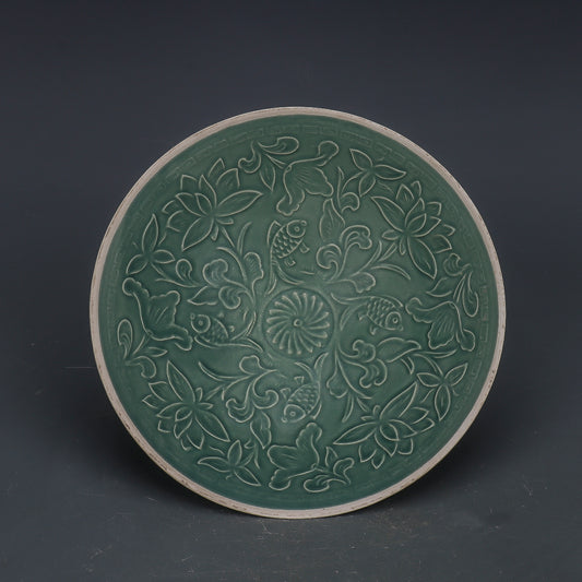 Chinese Antique Porcelain Bowl,Chinese Song Dynasty Ding Ware Emerald Green Glaze Porcelain Bowl, Ding Kiln Hand Carving Fish and Lotus Flower Pattern Ceramic Bowl