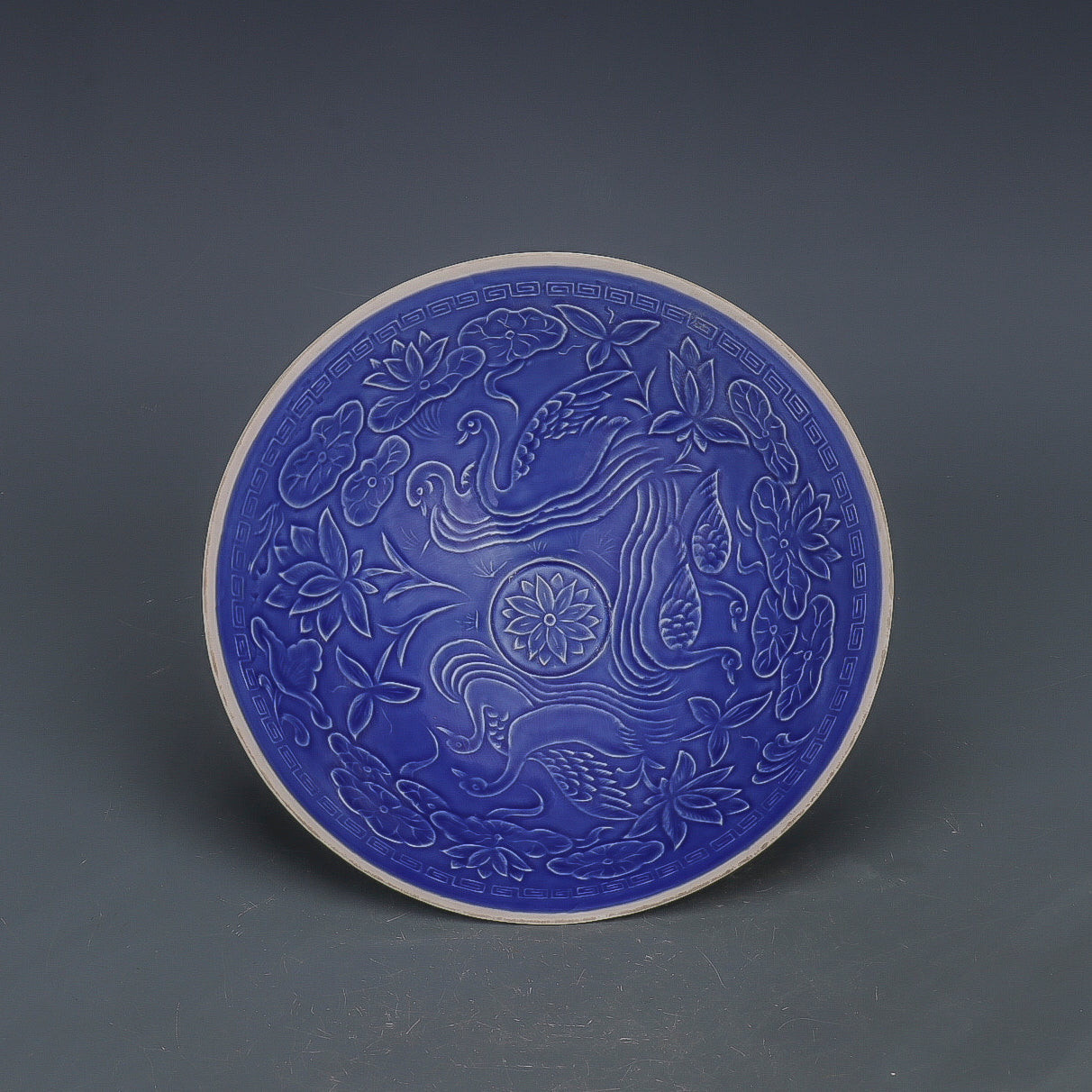 Chinese Antique Porcelain Bowl,Chinese Song Dynasty Ding Ware Emerald Blue Glaze Porcelain Bowl, Ding Kiln Hand Carving Mandarin Duck Pattern Ceramic Bowl