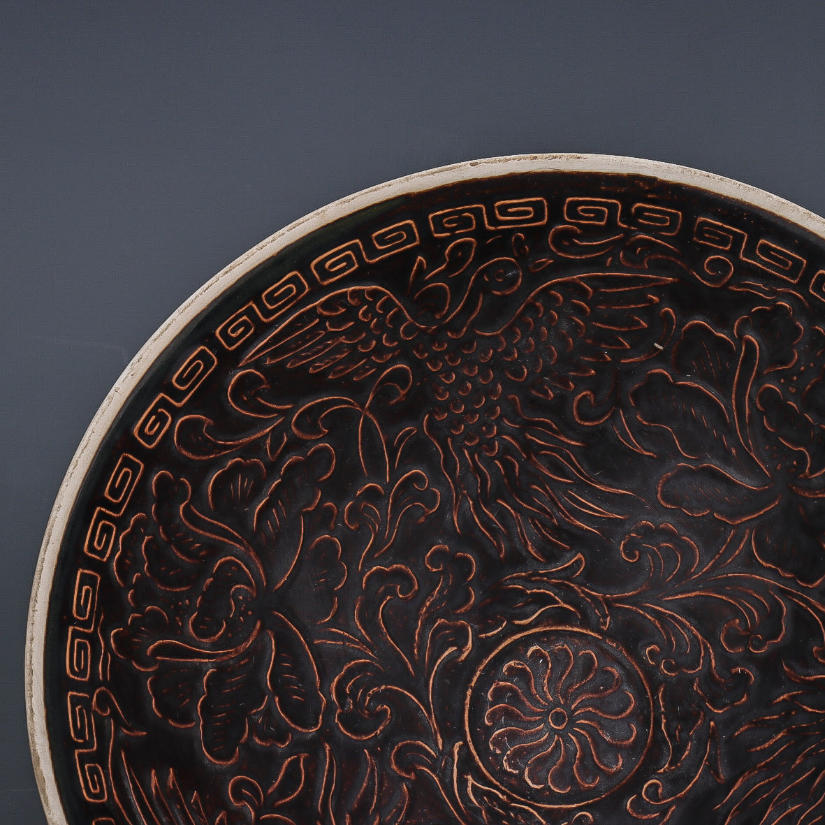 Chinese Antique Porcelain Bowl,Chinese Song Dynasty Ding Ware Emerald Black Glaze Porcelain Bowl, Ding Kiln Hand Carving Poeny Flower Pattern Ceramic Bowl