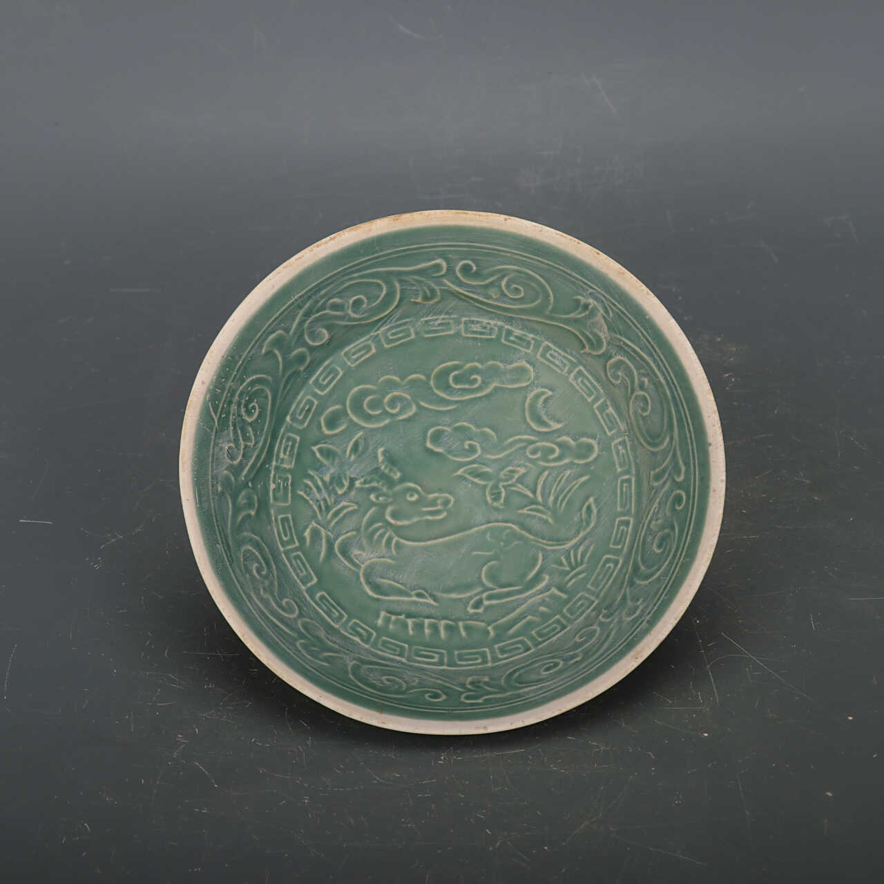 Chinese Antique Porcelain Bowl,Chinese Song Dynasty Ding Ware Emerald Green Glaze Porcelain Bowl, Ding Kiln Hand Carving Deers Pattern Ceramic Bowl