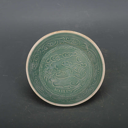 Chinese Antique Porcelain Bowl,Chinese Song Dynasty Ding Ware Emerald Green Glaze Porcelain Bowl, Ding Kiln Hand Carving Deers Pattern Ceramic Bowl