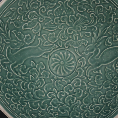 Chinese Antique Porcelain Bowl,Chinese Song Dynasty Ding Ware Emerald Green Glaze Porcelain Bowl, Ding Kiln Hand Carving Deers and Flowers Pattern Ceramic Bowl