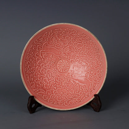 Chinese Antique Porcelain Bowl,Chinese Song Dynasty Ding Ware Emerald Red Glaze Porcelain Bowl, Ding Kiln Hand Carving Double Deers Pattern Ceramic Bowl