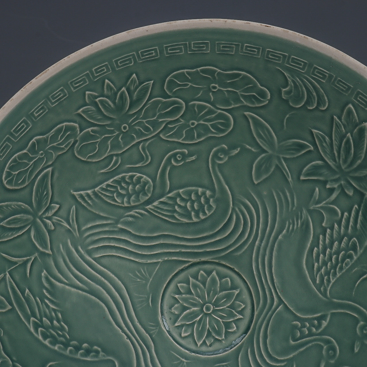 Chinese Antique Porcelain Bowl,Chinese Song Dynasty Ding Ware Emerald Green Glaze Porcelain Bowl, Ding Kiln Hand Carving Mandarin Duck Pattern Ceramic Bowl