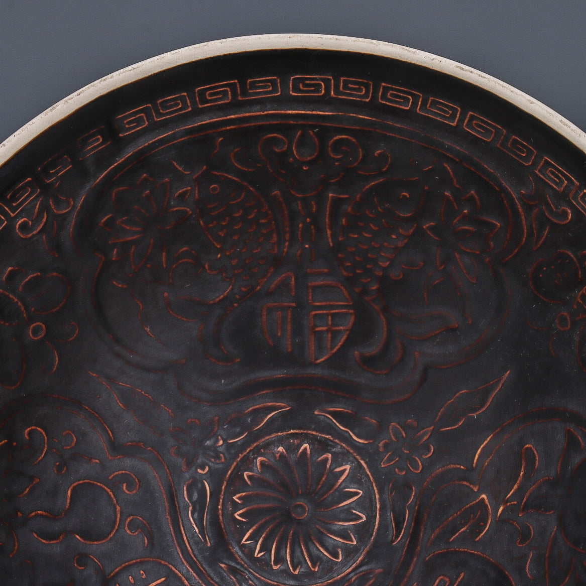 Chinese Antique Porcelain Bowl,Chinese Song Dynasty Ding Ware Emerald Black Glaze Porcelain Bowl, Ding Kiln Hand Carving Fu Shou Pattern Ceramic Bowl