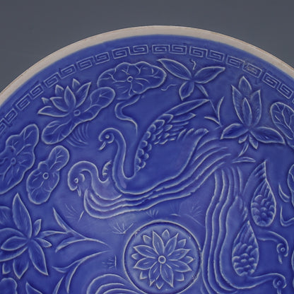 Chinese Antique Porcelain Bowl,Chinese Song Dynasty Ding Ware Emerald Blue Glaze Porcelain Bowl, Ding Kiln Hand Carving Mandarin Duck Pattern Ceramic Bowl