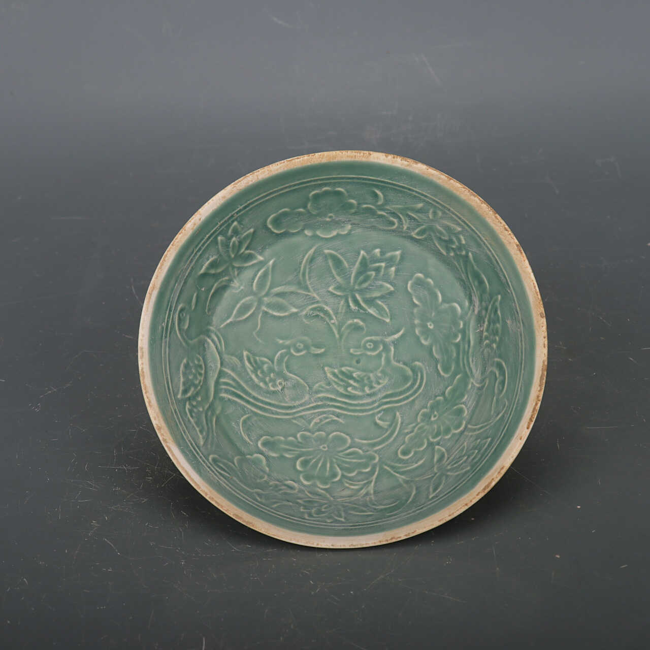 Chinese Antique Porcelain Bowl,Chinese Song Dynasty Ding Ware Emerald Green Glaze Porcelain Bowl, Ding Kiln Hand Carving Mandarin Duck Pattern Ceramic Bowl