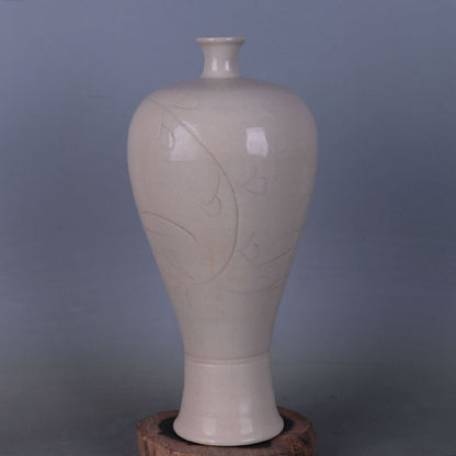 Chinese Antique Porcelain Vase,Chinese Song Dynasty Ding Ware White Glaze Porcelain Plum Vase, Ding Kiln Hand Carving Ceramic Mei Bottle