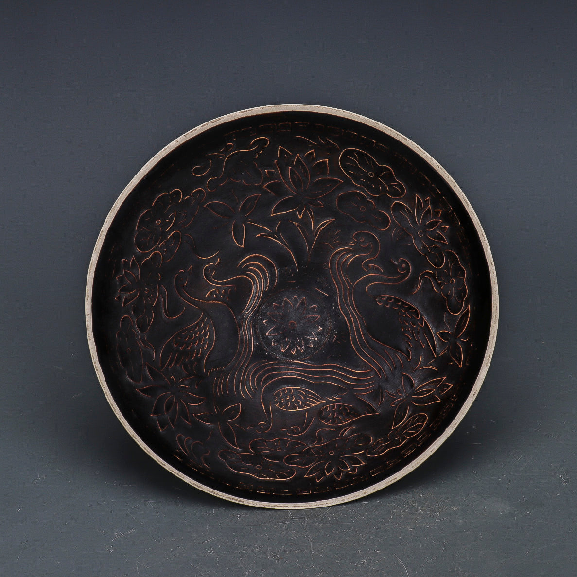 Chinese Antique Porcelain Bowl,Chinese Song Dynasty Ding Ware Emerald Black Glaze Porcelain Bowl, Ding Kiln Hand Carving Mandarin Duck Pattern Ceramic Bowl