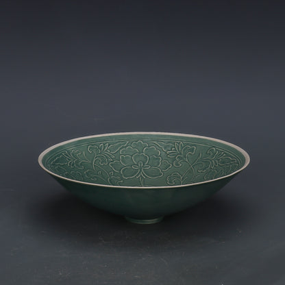 Chinese Antique Porcelain Bowl,Chinese Song Dynasty Ding Ware Emerald Green Glaze Porcelain Bowl, Ding Kiln Hand Carving Lotus Flower Pattern Ceramic Bowl