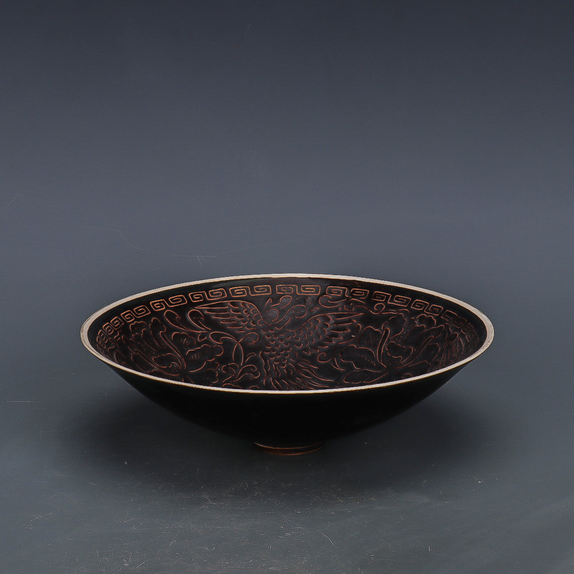 Chinese Antique Porcelain Bowl,Chinese Song Dynasty Ding Ware Emerald Black Glaze Porcelain Bowl, Ding Kiln Hand Carving Poeny Flower Pattern Ceramic Bowl