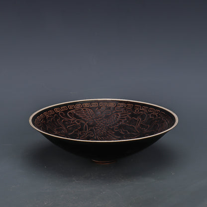 Chinese Antique Porcelain Bowl,Chinese Song Dynasty Ding Ware Emerald Black Glaze Porcelain Bowl, Ding Kiln Hand Carving Poeny Flower Pattern Ceramic Bowl