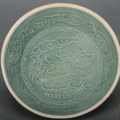 Chinese Antique Porcelain Bowl,Chinese Song Dynasty Ding Ware Emerald Green Glaze Porcelain Bowl, Ding Kiln Hand Carving Deers Pattern Ceramic Bowl