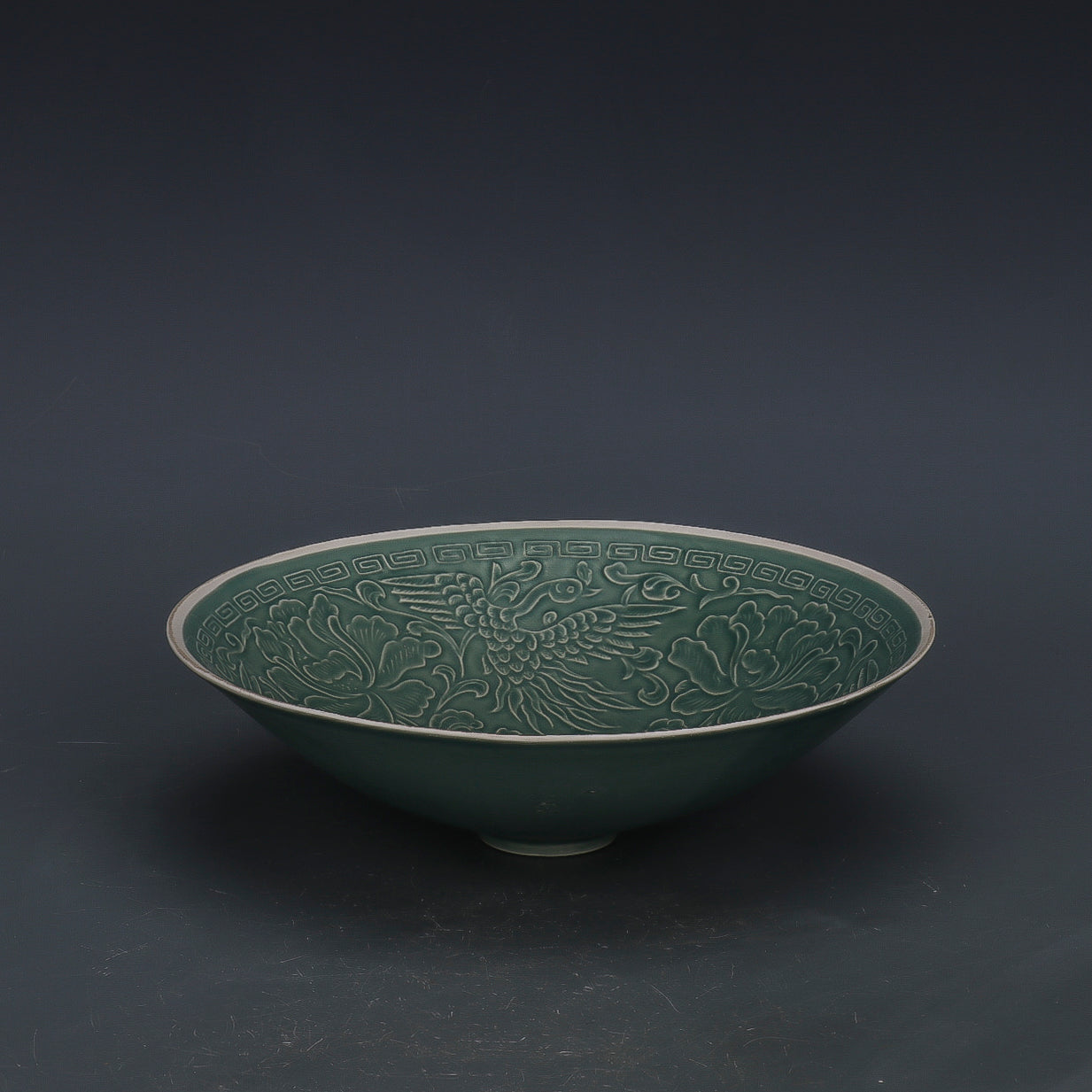 Chinese Antique Porcelain Bowl,Chinese Song Dynasty Ding Ware Emerald Green Glaze Porcelain Bowl, Ding Kiln Hand Carving Phoenix Pattern Ceramic Bowl