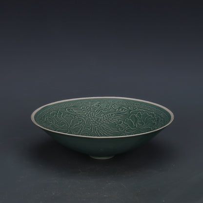 Chinese Antique Porcelain Bowl,Chinese Song Dynasty Ding Ware Emerald Green Glaze Porcelain Bowl, Ding Kiln Hand Carving Phoenix Pattern Ceramic Bowl