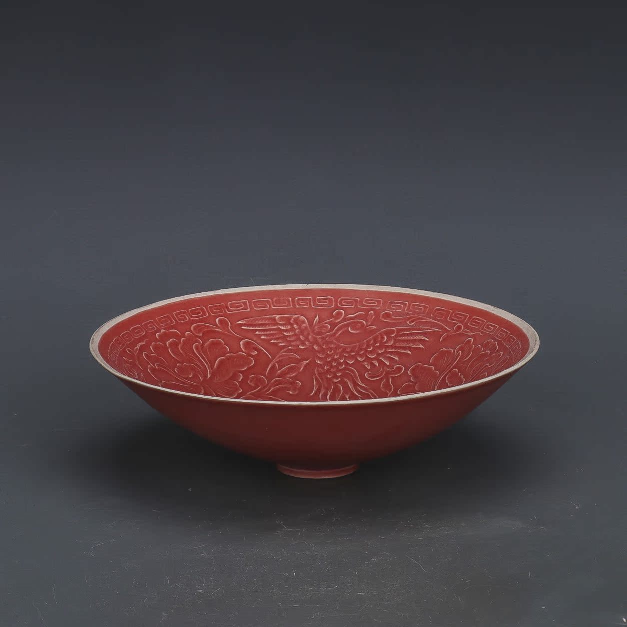 Chinese Antique Porcelain Bowl,Chinese Song Dynasty Ding Ware Emerald Red Glaze Porcelain Bowl, Ding Kiln Hand Carving Peony Flower Pattern Ceramic Bowl