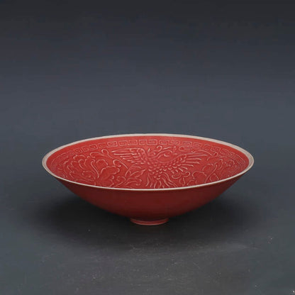 Chinese Antique Porcelain Bowl,Chinese Song Dynasty Ding Ware Emerald Red Glaze Porcelain Bowl, Ding Kiln Hand Carving Peony Flower Pattern Ceramic Bowl