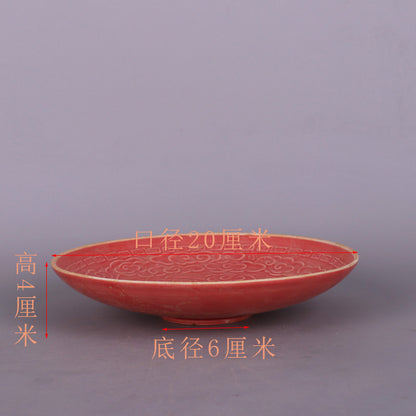 Chinese Antique Porcelain Bowl,Chinese Song Dynasty Ding Ware Emerald Red Glaze Porcelain Bowl, Ding Kiln Hand Carving Dragon Pattern Ceramic Bowl