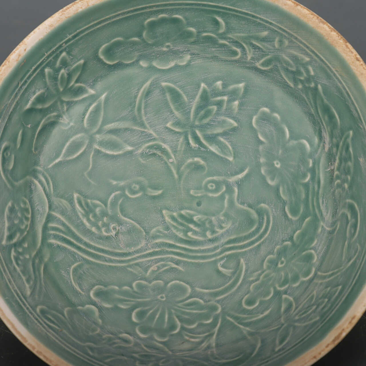 Chinese Antique Porcelain Bowl,Chinese Song Dynasty Ding Ware Emerald Green Glaze Porcelain Bowl, Ding Kiln Hand Carving Mandarin Duck Pattern Ceramic Bowl