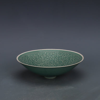 Chinese Antique Porcelain Bowl,Chinese Song Dynasty Ding Ware Emerald Green Glaze Porcelain Bowl, Ding Kiln Hand Carving Deers and Flowers Pattern Ceramic Bowl