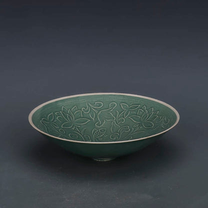 Chinese Antique Porcelain Bowl,Chinese Song Dynasty Ding Ware Emerald Green Glaze Porcelain Bowl, Ding Kiln Hand Carving Fish and Lotus Flower Pattern Ceramic Bowl