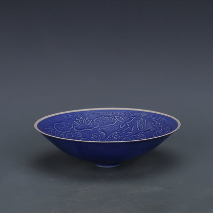 Chinese Antique Porcelain Bowl,Chinese Song Dynasty Ding Ware Emerald Blue Glaze Porcelain Bowl, Ding Kiln Hand Carving Dragon and Phoenix Pattern Ceramic Bowl