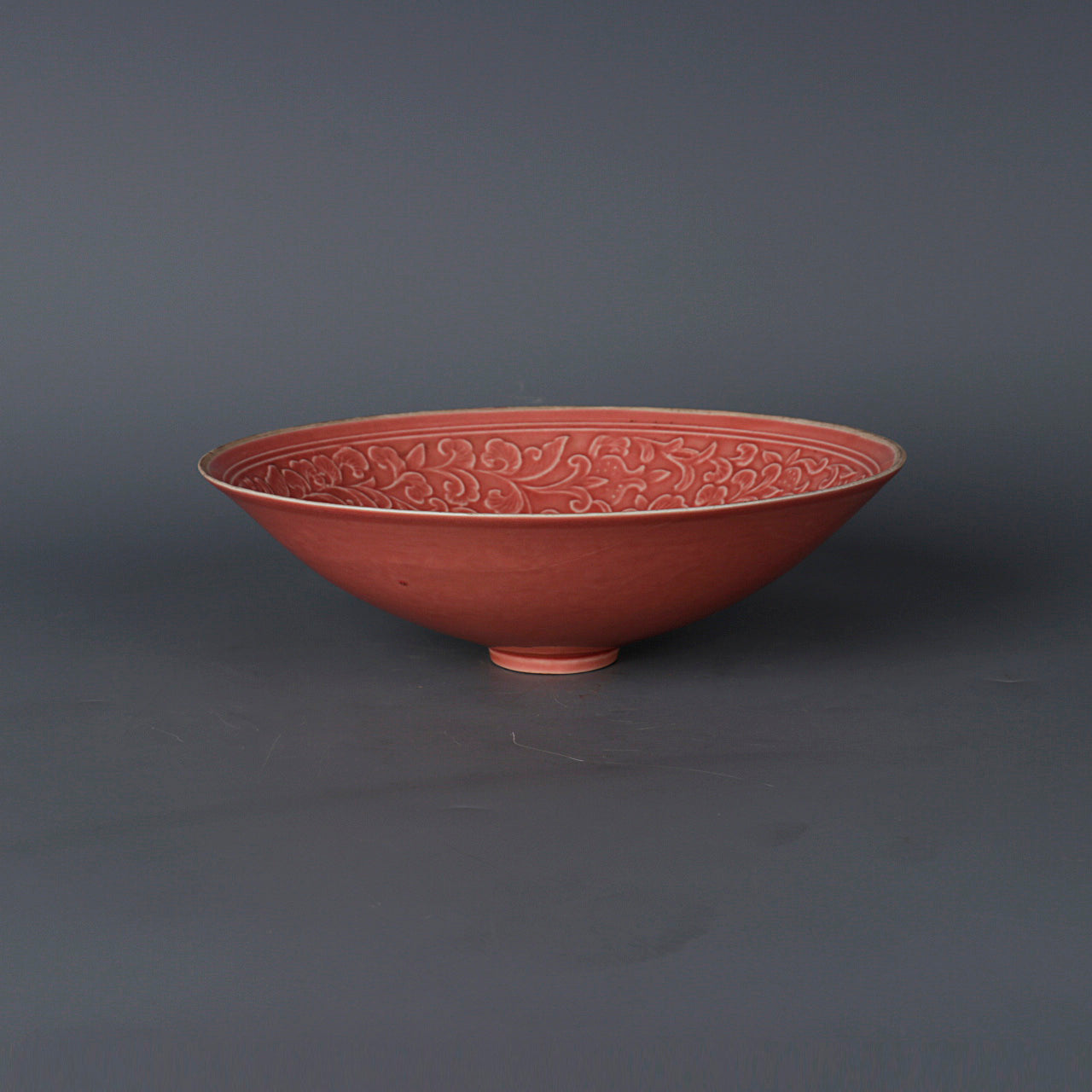 Chinese Antique Porcelain Bowl,Chinese Song Dynasty Ding Ware Emerald Red Glaze Porcelain Bowl, Ding Kiln Hand Carving Double Deers Pattern Ceramic Bowl