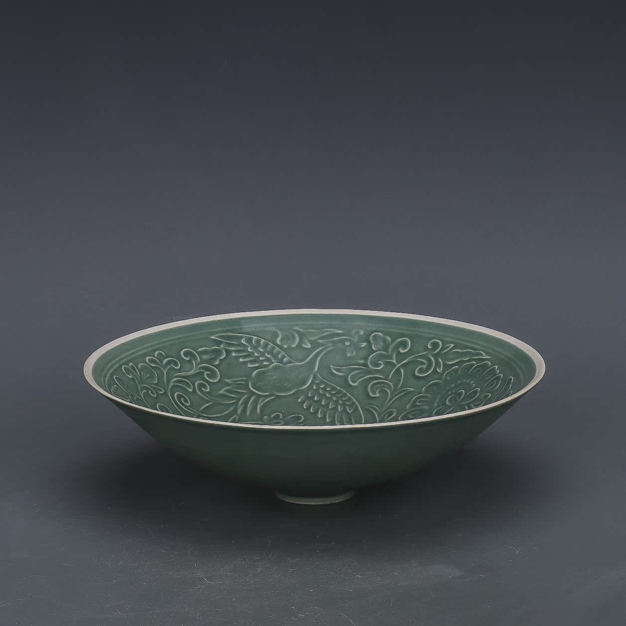 Chinese Antique Porcelain Bowl,Chinese Song Dynasty Ding Ware Emerald Green Glaze Porcelain Bowl, Ding Kiln Hand Carving Lotus Phoenix Pattern Ceramic Bowl