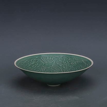 Chinese Antique Porcelain Bowl,Chinese Song Dynasty Ding Ware Emerald Green Glaze Porcelain Bowl, Ding Kiln Hand Carving Lotus Phoenix Pattern Ceramic Bowl