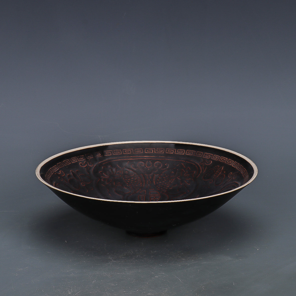 Chinese Antique Porcelain Bowl,Chinese Song Dynasty Ding Ware Emerald Black Glaze Porcelain Bowl, Ding Kiln Hand Carving Fu Shou Pattern Ceramic Bowl