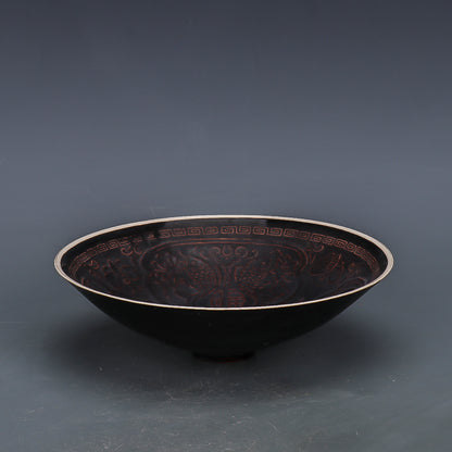 Chinese Antique Porcelain Bowl,Chinese Song Dynasty Ding Ware Emerald Black Glaze Porcelain Bowl, Ding Kiln Hand Carving Fu Shou Pattern Ceramic Bowl