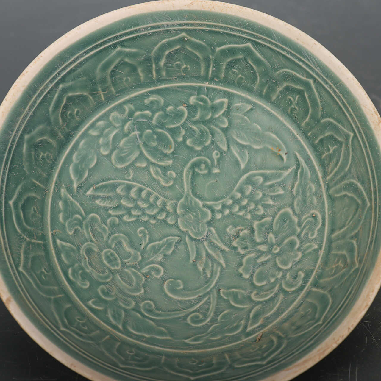 Chinese Antique Porcelain Bowl,Chinese Song Dynasty Ding Ware Emerald Green Glaze Porcelain Bowl, Ding Kiln Hand Carving Phoenix Pattern Ceramic Bowl