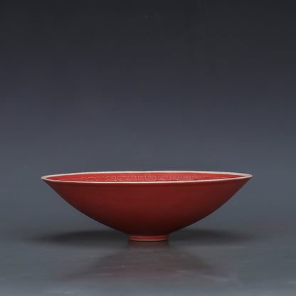 Chinese Antique Porcelain Bowl,Chinese Song Dynasty Ding Ware Emerald Red Glaze Porcelain Bowl, Ding Kiln Hand Carving Peony Flower Pattern Ceramic Bowl